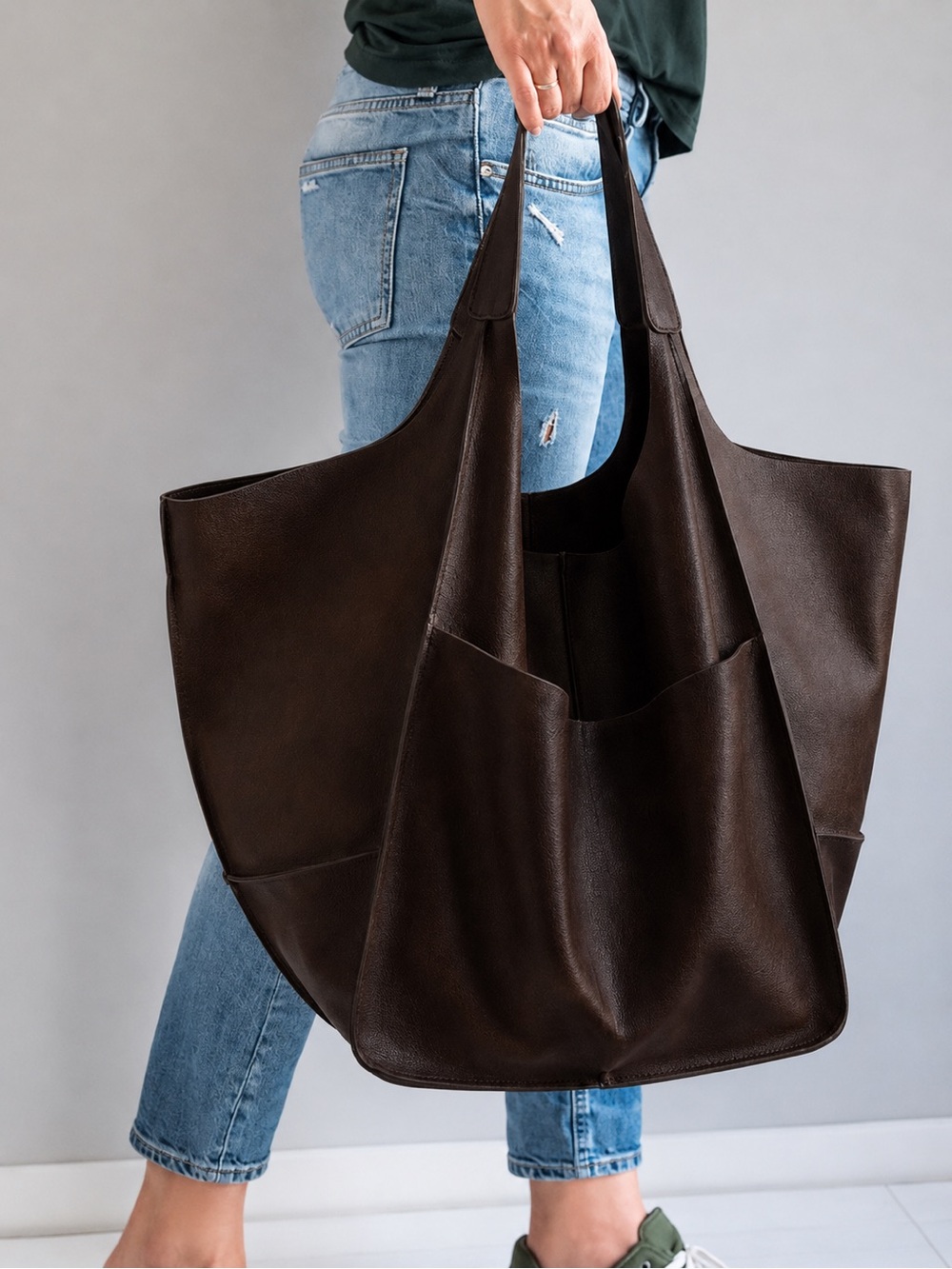 Luxury Elegant Dark Brown Vegan Leather Tote Bag Spacious Women’s Carryall NWOT